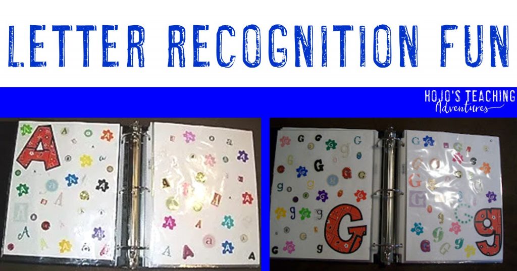 Letter Recognition Fun with an A and G page of a sticker book shown