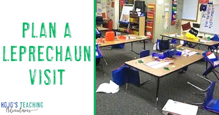 Plan a Leprechaun Visit - showing a classroom with overturned chairs and the mess the "leprechaun" left