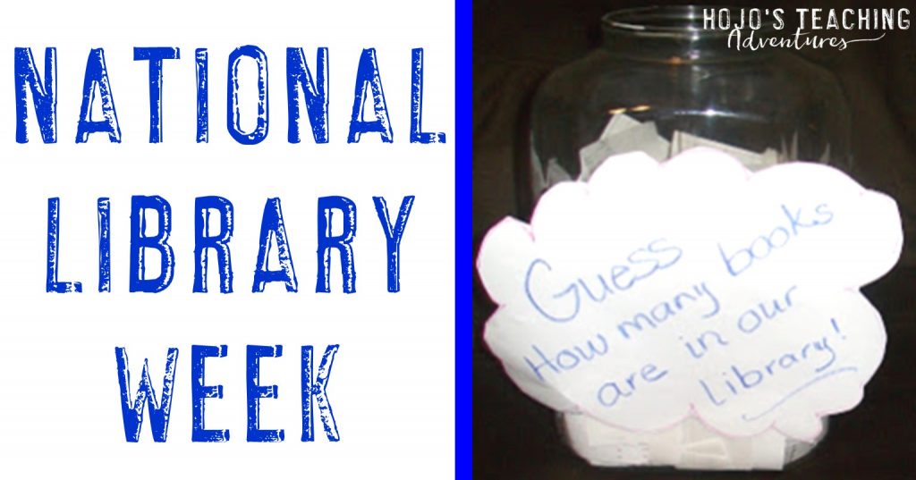 National Library Week with a jar for guesses on how many books are in the school library