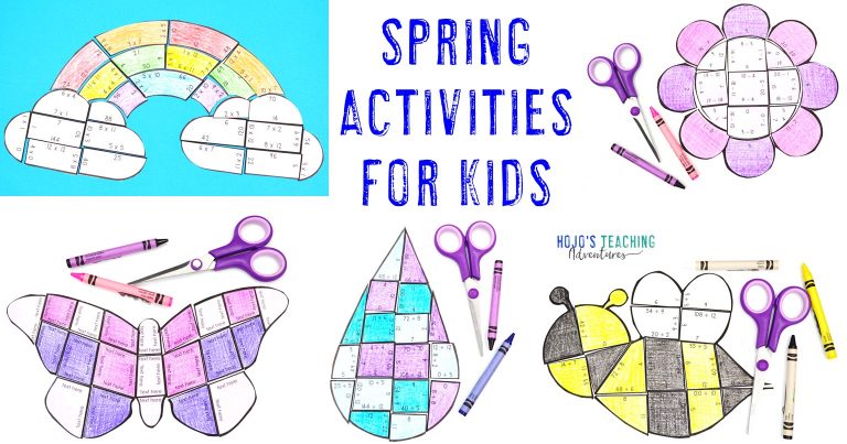 Spring Activities for Kids - with pictures of rainbow, flower, butterfly, raindrop, and bee puzzles