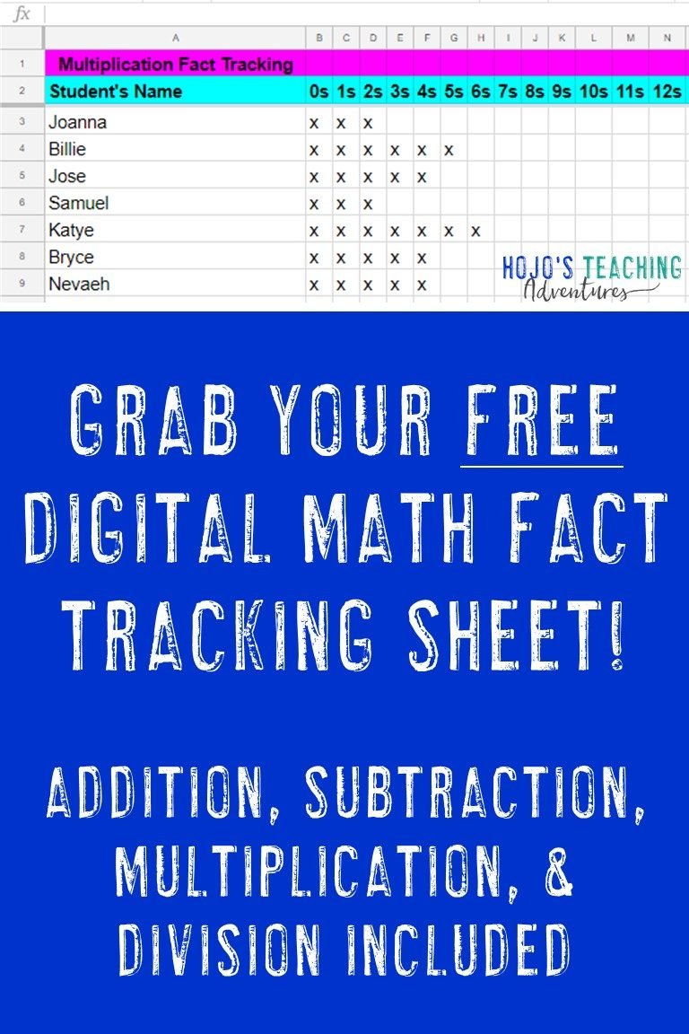 image of the free download from this post with the text "Grab your FREE Digital math Fact Tracking Sheet! Addition, Subtraction, Multiplication, & Division included"