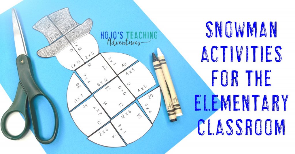 multiplication snowman puzzle with text "Snowman Activities for the Elementary Classroom"