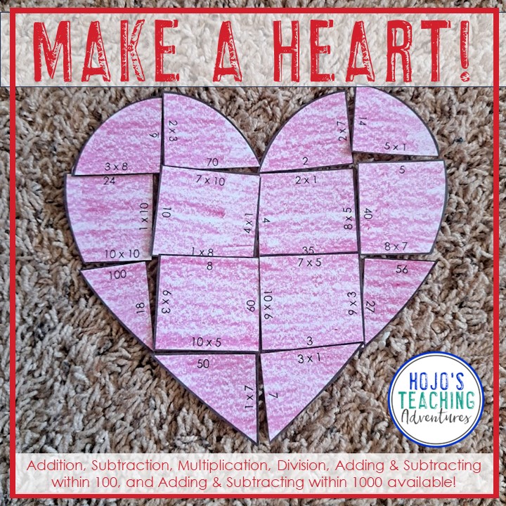 Heart puzzles are sure to be a hit with your elementary students this February! Choose from addition within 20, subtraction 0-20, multiplication 0-10, division 1-10, plus adding and subtracting within 100 and 1000. Great for Valentine's Day crafts, centers, review, worksheet alternatives, practice, door, FUN, bulletin board decor, and more. Use these with 1st, 2nd, 3rd, or 4th grade in the classroom or homeschool. (Year 1, 2, 3, 4, first, second, third, fourth graders)