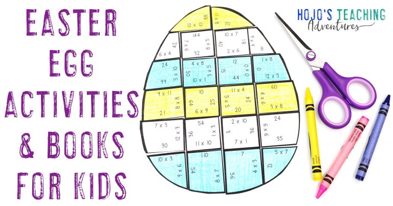 Easter Egg Activities & Books for Kids with a multiplication Easter egg activity puzzle shown