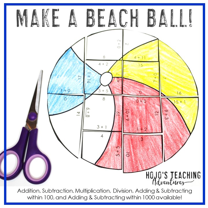 Beach ball puzzles are sure to be a hit with your elementary students this summer! Choose from addition within 20, subtraction 0-20, multiplication 0-10, division 1-10, plus adding and subtracting within 100 and 1000. Great for May, June, or July crafts, centers, review, worksheet alternatives, practice, door, FUN, bulletin board decor, and more. Use these with 1st, 2nd, 3rd, or 4th grade in the classroom or homeschool. (Year 1, 2, 3, 4, first, second, third, fourth graders)