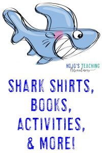 Shark shirts, books, activities, & more - with silly smiling shark clipart