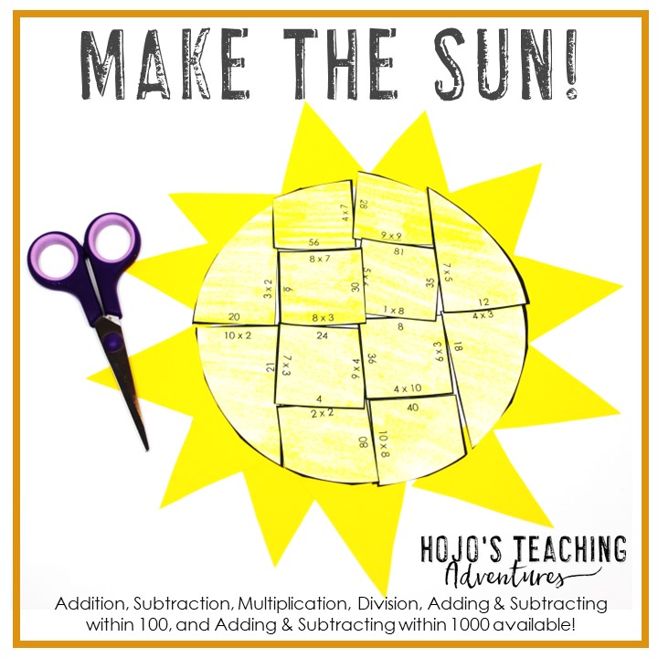 Sun puzzles are sure to be a hit with your elementary students this summer! Choose from addition within 20, subtraction 0-20, multiplication 0-10, division 1-10, plus adding and subtracting within 100 and 1000. Great for May, June, or July crafts, centers, review, worksheet alternatives, practice, door, FUN, bulletin board decor, and more. Use these with 1st, 2nd, 3rd, or 4th grade in the classroom or homeschool. (Year 1, 2, 3, 4, first, second, third, fourth graders)