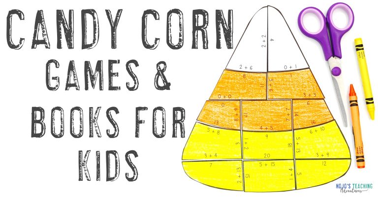 "Candy Corn Games & Books for Kids" with a multiplication math candy corn puzzle