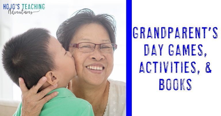 Grandparent's Day Games, Activities, and Books with a grandson kissing him grandma