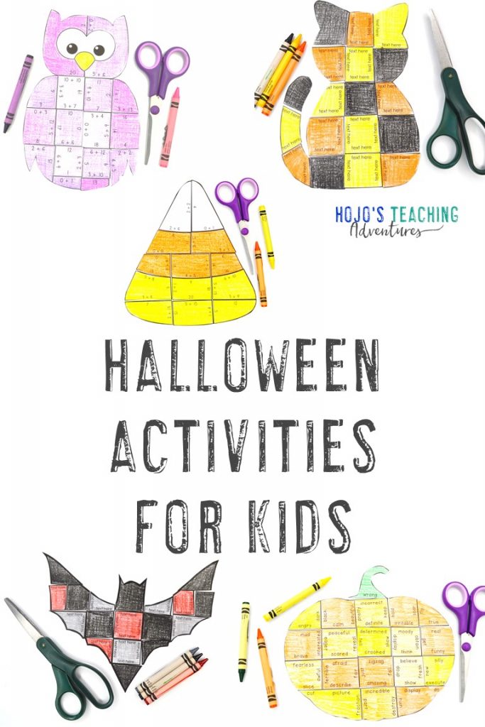 Halloween Activities for Kids with owl, cat, candy corn, bats, and pumpkin puzzles