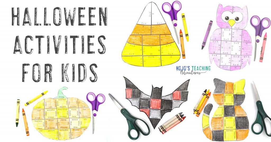 Halloween Activities for Kids with candy corn, bat, cat, owl, and pumpkin puzzles