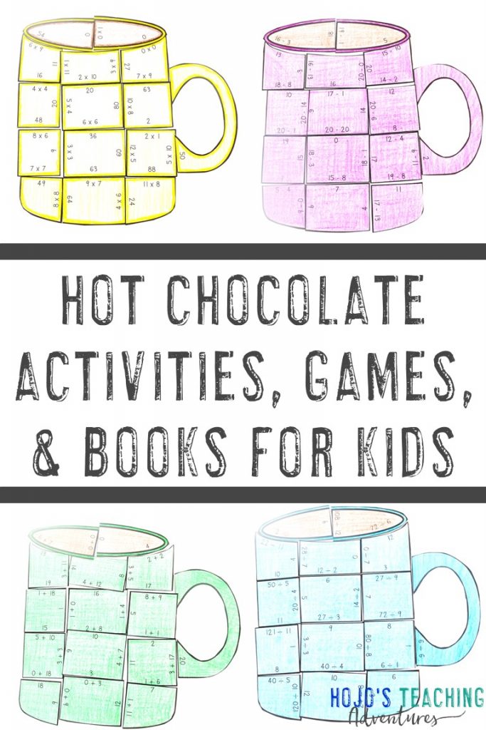 hot chocolate activities, games, and books for kids with four hot cocoa mugs