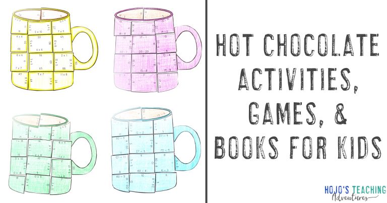 Hot Chocolate Activities, Game, & Books for Kids with four mug puzzles