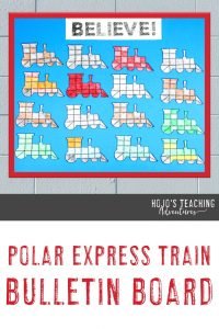 Polar Express Train Bulletin Board - "BELIEVE!" with multiple train puzzles