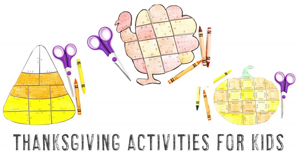 Thanksgiving Activities for Kids - pumpkin, turkey, and candy corn puzzles shown