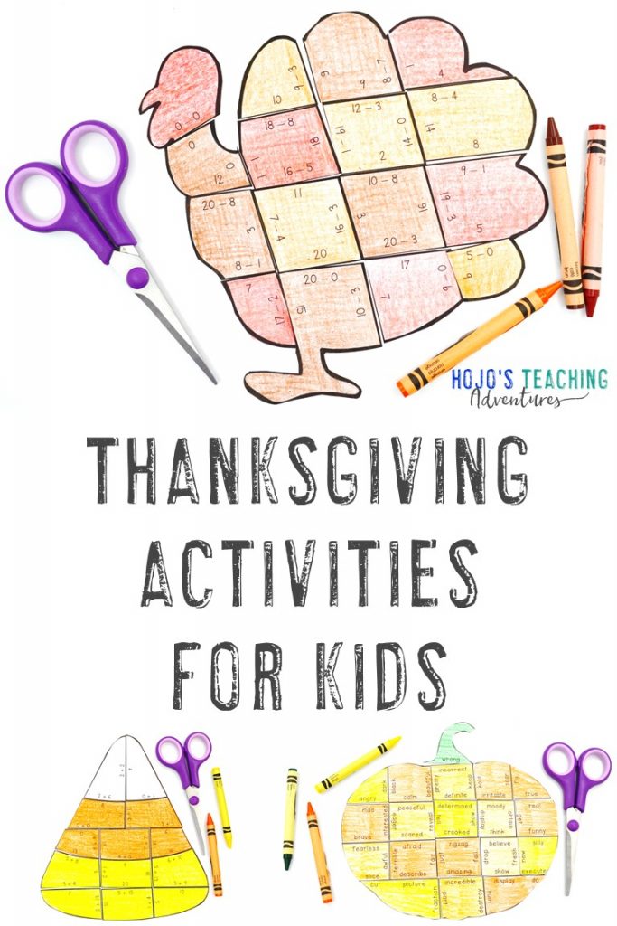 Thanksgiving Activities for Kids with a turkey, candy corn, and pumpkin puzzle shown