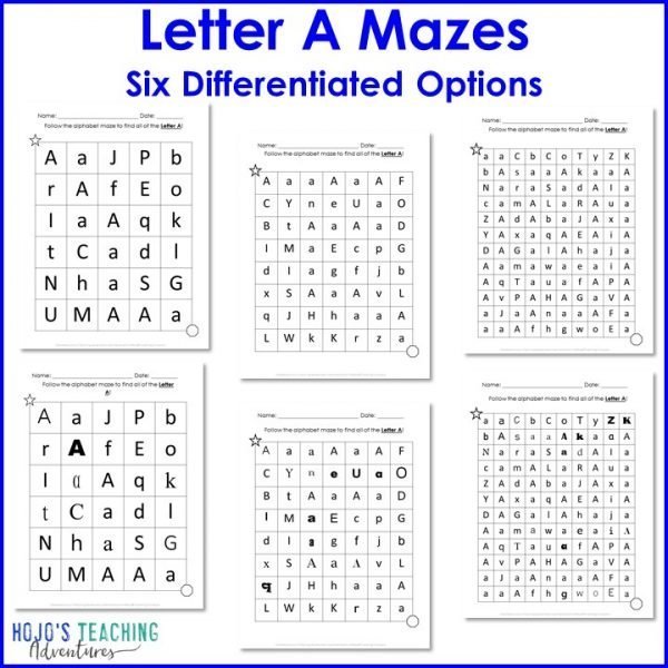 Letter A Mazes with six worksheet options shown