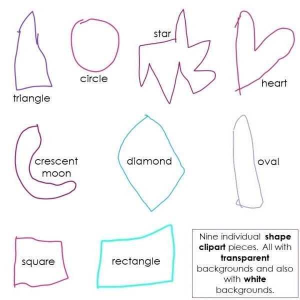 triangle, circle, star, heart, crescent moon, diamond, oval, square, and rectangle included - all hand drawn by a five-year-old