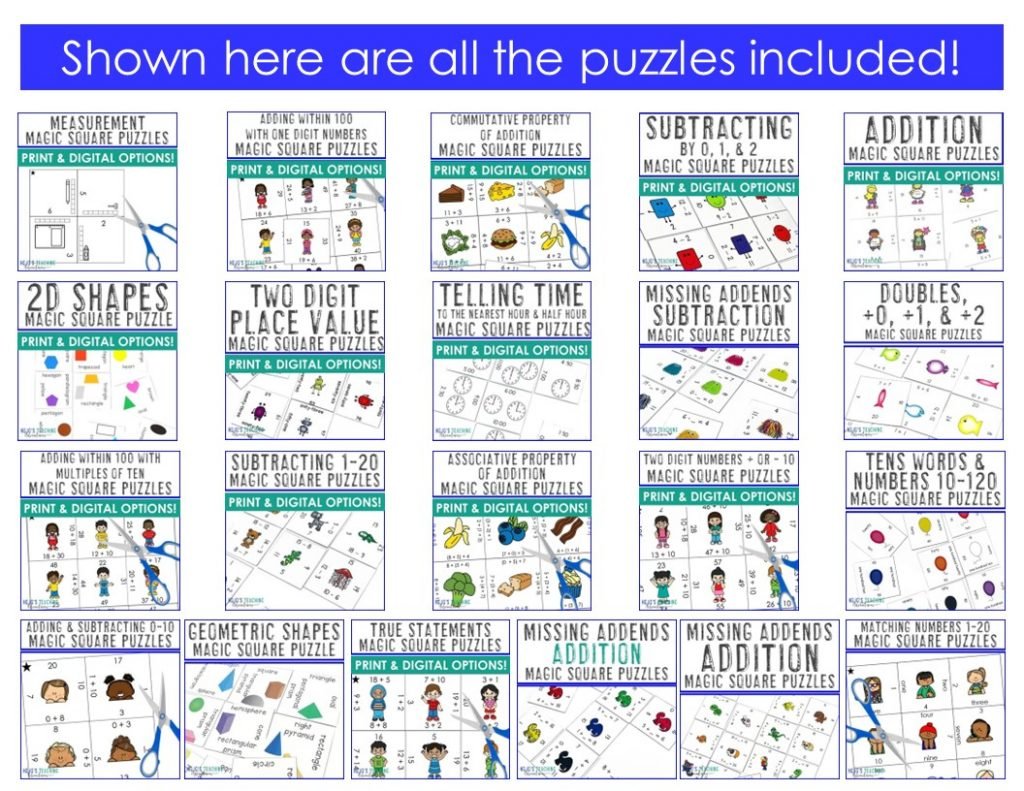 Here are the covers of all the included Magic Square Puzzles included in the hands-on 1st grade math puzzle bundle. 