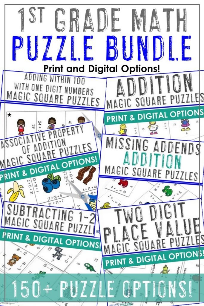 These hands-on 1st grade math puzzles are a great way to practice necessary skills in an engaging way. Work on place value, addition, subtraction, basic math facts, missing addends, adding within 100, time, shapes, & more. Great for centers, stations, rotations, test prep, review, +++. Perfect for classroom OR homeschool use. Grab these today for critical thinking and perseverance skills with first graders. #1stGrade #1stGradeMath #FirstGrade #FirstGradeMath