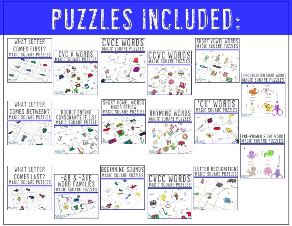 Topics included in the hands-on 1st grade literacy puzzles - What letter comes first? between? last?, CVC A words, double ending consonants (FF LL SS), AR and AKE word families, CVCE words, short vowel words, beginning sounds, CCVC words, rhyming, CVCC, CK words, letter recognition, plus Kindergarten & pre-primer sight words.