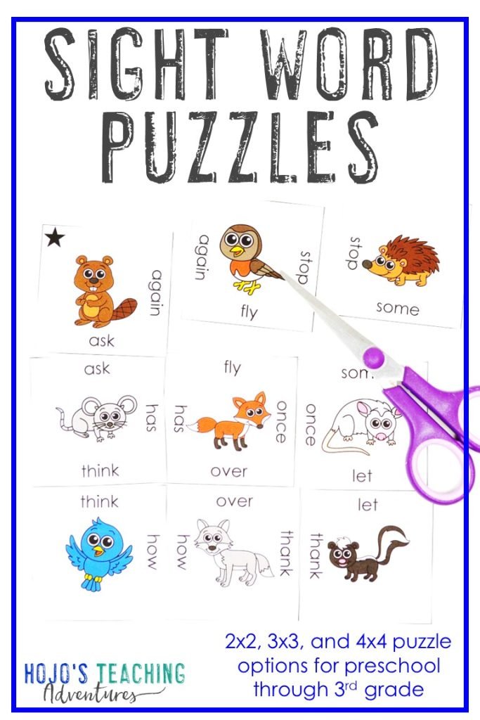 Sight Word Puzzles - These hands-on engaging activities are great for preschool, Kindergarten, 1st, 2nd, or 3rd grade classroom and homeschool students as they master reading and literacy skills. Great for centers, review, partner work, small groups, and more. Master high frequency words in a FUN format. Click to see the 2x2, 3x3, and 4x4 puzzle options or buy the entire bundle to save 50%. (preK, Kinder, first, second, third graders, primary, Year 1, 2, 3)