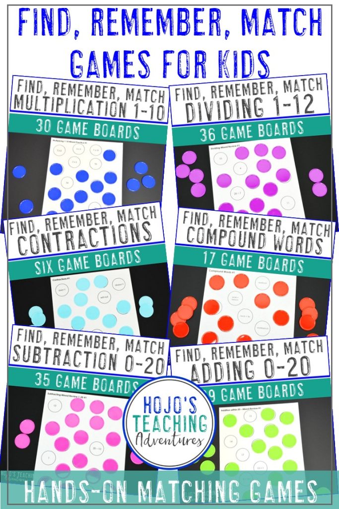 Find Remember Match Games - This memory style activity works great to teach basic concepts like addition facts, subtraction, multiplication, division, contractions, and compound words. Great for centers, stations, review, test prep, family math or literacy night, homework, & more. Use with 1st, 2nd, 3rd, or 4th grade classroom, homeschool, Title I, special education rooms, and more! (first, second, third, fourth graders, Year 1, 2, 3, 4, add, subtract, multiply, divide) HoJo