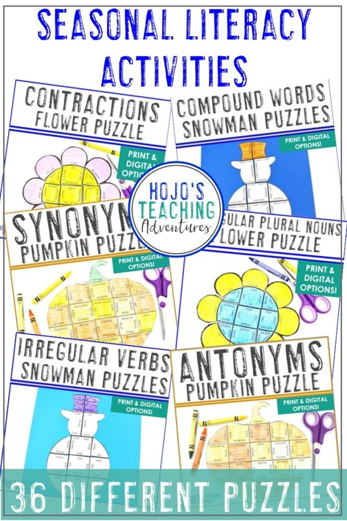 Seasonal Literacy Activities - Practice synonyms, antonyms, irregular plural nouns, irregular verbs, contractions, and compound words with your 2nd, 3rd, 4th, 5th, or 6th grade classroom or homeschool students. Pumpkins for fall, snowman for winter, and flowers for spring mean centers all year! Use for ELA review, test prep, early or fast finishers, worksheet alternatives, and more. (second, third, fourth, fifth, sixth graders, Year 2, 3, 4, 5, 6)