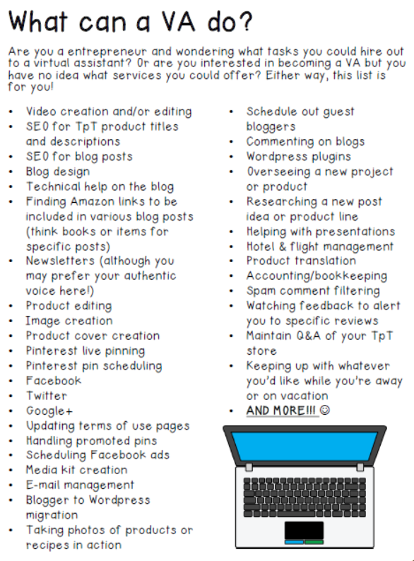 What can a VA do? Learn the tasks a virtual assistant can do with this list of 30+ ideas. Then read the rest of the article to find out how you can make money online from home and make that career change you've been wanting! 