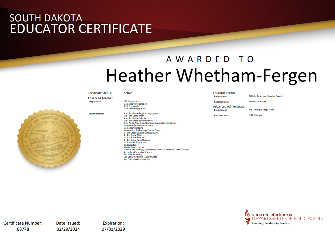 A copy of Heather Jo Whetham-Fergen's teaching certificate - 2024-2029