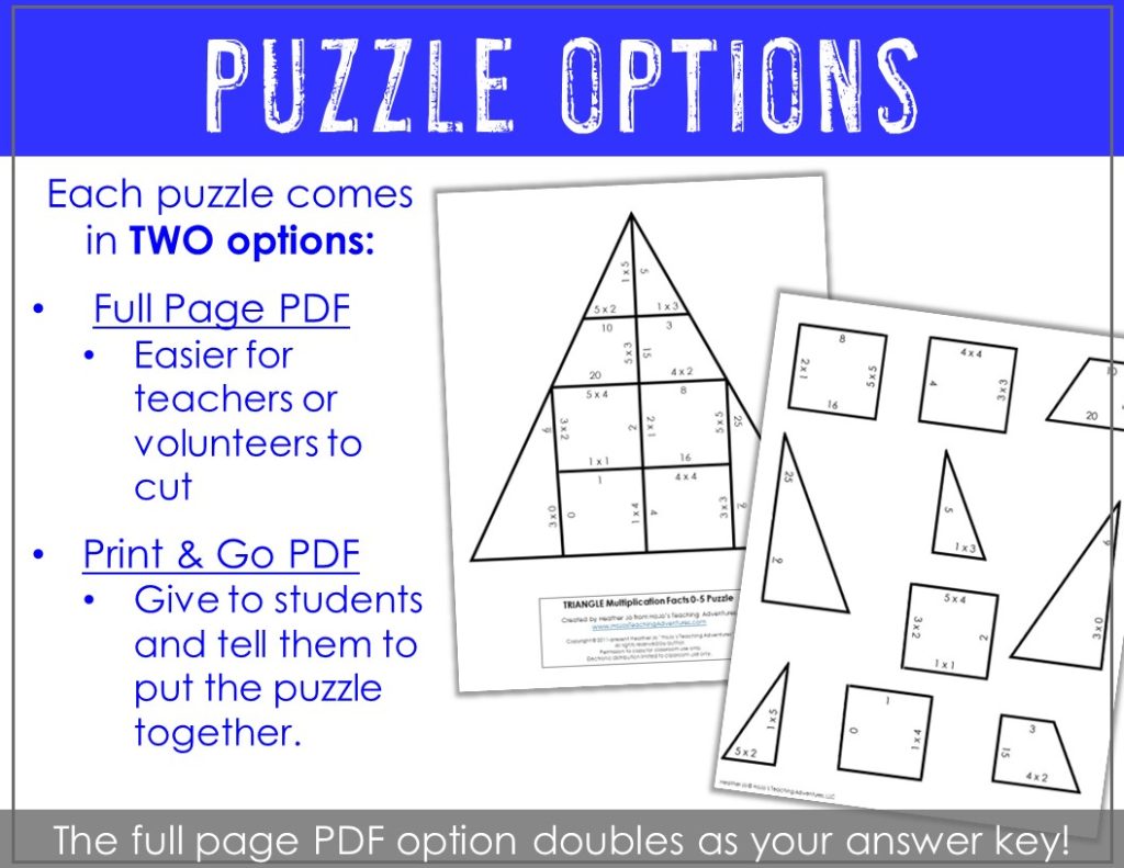 Tarsia Puzzles for Kids- choose from a full puzzle to make cutting easier OR give students the "print and go" option and have them figure out the shape on their own