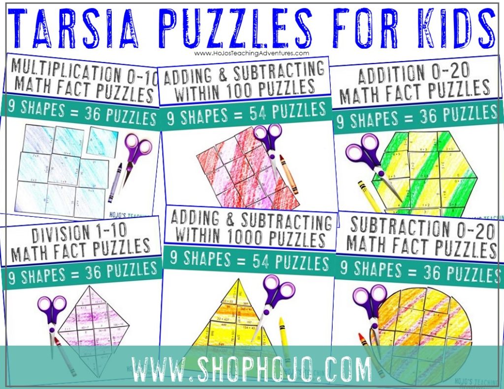 Tarsia Puzzles for Kids - Choose from multiplication, division, addition, subtraction, adding and subtracting within 100, or adding and subtracting within 1000. Great for elementary classroom or homeschool students who need additional math fact practice in a fun, engaging, hands-on way. Use for centers, stations, review, family night, homework games, test prep, early or fast finishers, and more. Nine shapes to make a fun craftivity. 1st, 2nd, 3rd, and 4th grade approved! 