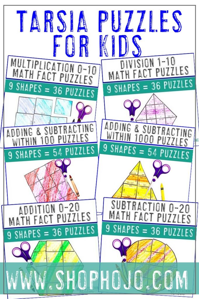 Tarsia Puzzles for Kids - Choose from multiplication, division, addition, subtraction, adding and subtracting within 100, or adding and subtracting within 1000. Great for elementary classroom or homeschool students who need additional math fact practice in a fun, engaging, hands-on way. Use for centers, stations, review, family night, homework games, test prep, early or fast finishers, and more. Nine shapes to make a fun craftivity. 1st, 2nd, 3rd, and 4th grade approved! 