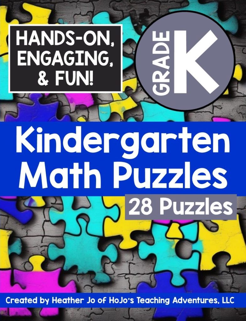 The Kindergarten Math Workbook includes 28 puzzles that cover the basics of counting, adding, subtracting, shapes, and more. Get the Kindergarten Math Puzzle Workbook here! (Kinder, ages 4, 5, 6, learn at home, preschool, at home learning, homeschool)