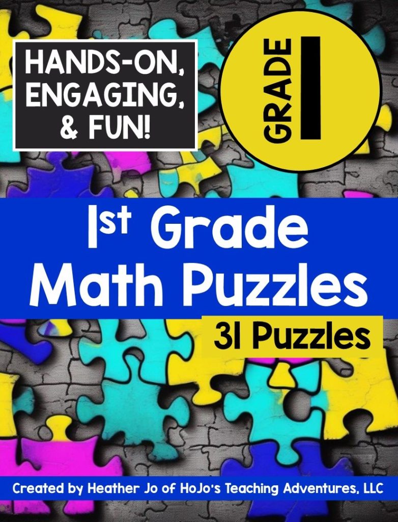 The 1st Grade Math Workbook includes 31 puzzles. Topics include matching numbers to word, shapes, addition, subtraction, time, missing numbers, AND more! Click here to see the 1st Grade Math Puzzle Workbook.  (first graders, ages 5, 6, 7, learn at home, at home learning, homeschool, Year 1)