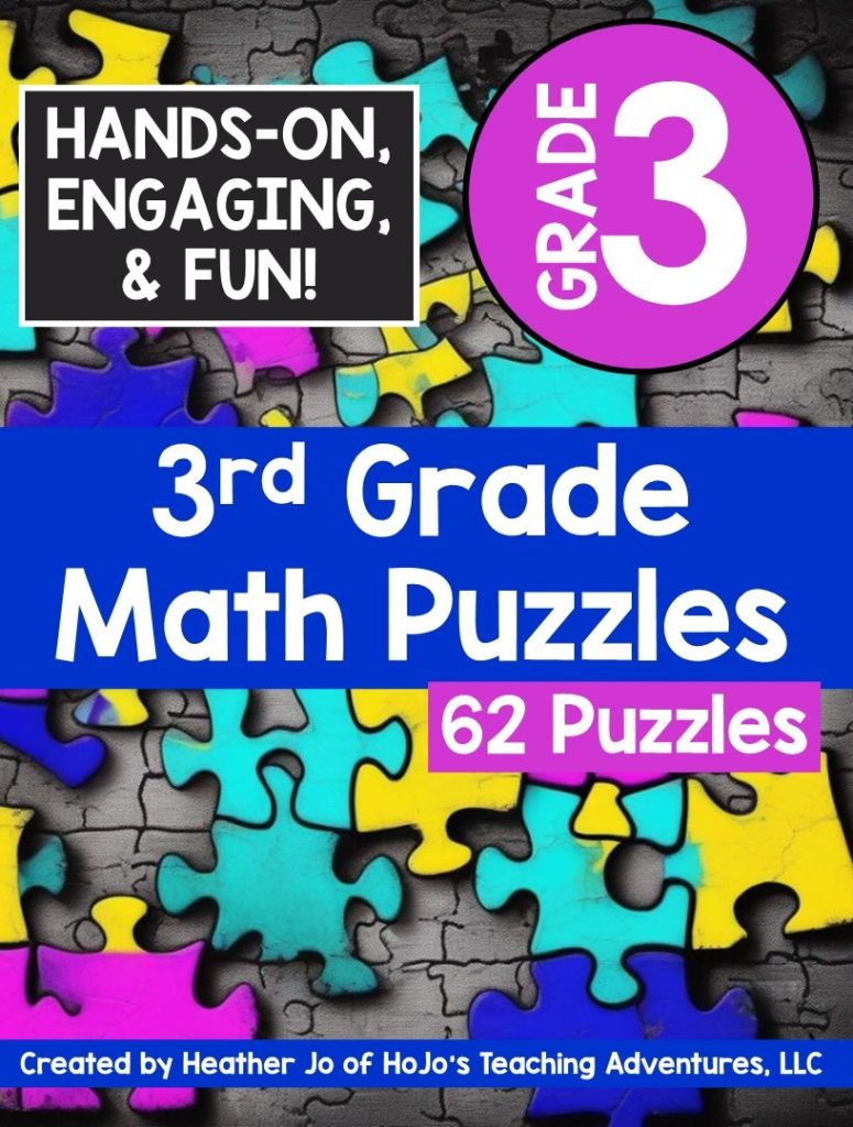 The 3rd Grade Math Workbook contains 62 puzzles. You get puzzles covering multiplication, division, missing numbers, time, distributive and associative properties, place value, rounding, fractions, area, perimeter, AND MORE. You can see the 3rd Grade Math Puzzle Workbook here. (third graders, ages 7, 8, 9, 10, learn at home, at home learning, homeschool, Year 3)